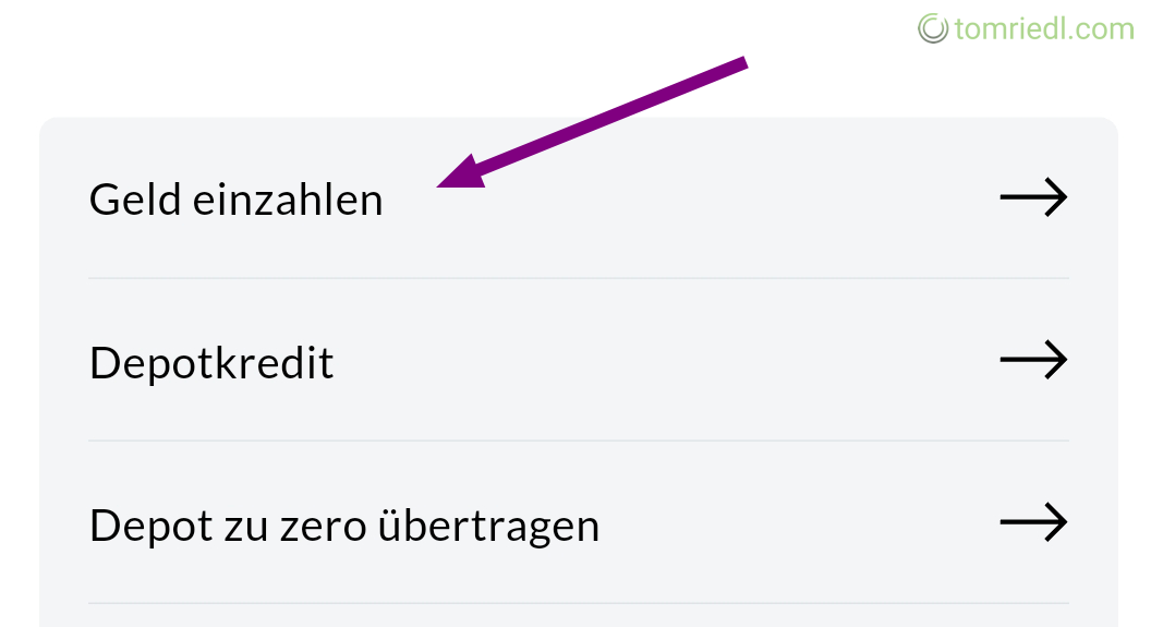 Geld bei finanzen.net ZERO einzahlen, Menüeintrag
