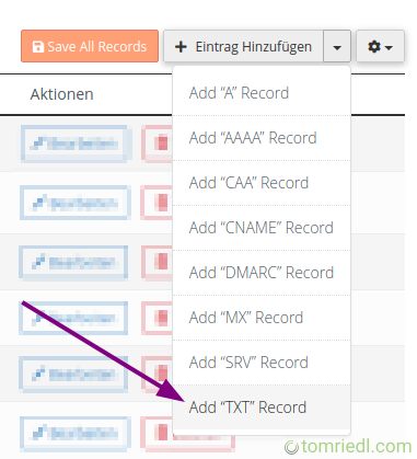 Neuen TXT RR-Eintrag hinzufügen