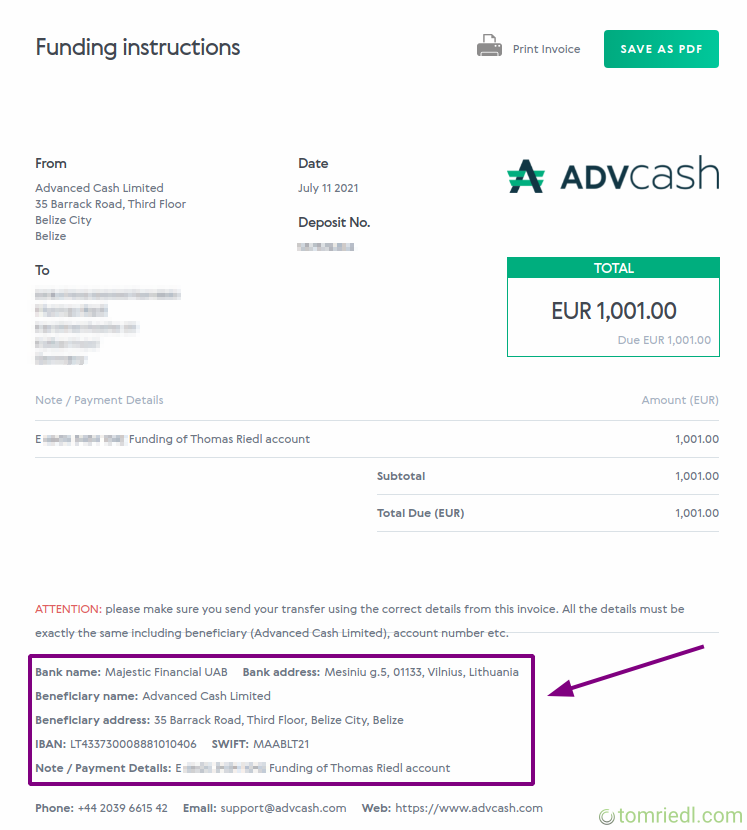 Zusammenfassung der SEPA-Überweisung and AdvCash