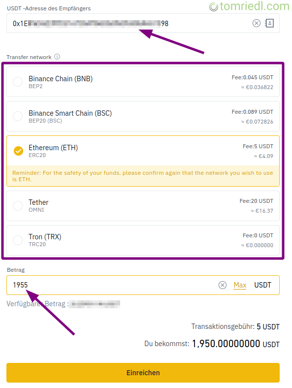 Daten der Auszahlung im Binance-Portal