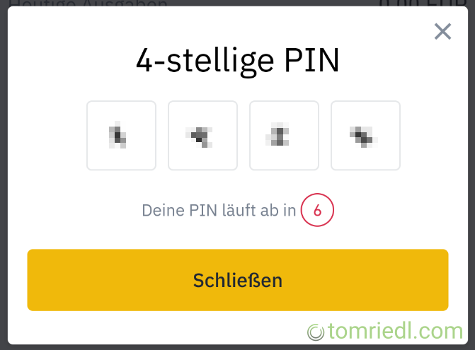 Anzeige PIN der Binance Kreditkarte