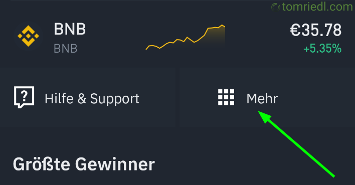 Binance App Startseite Mehr Funktionen Ansicht 2