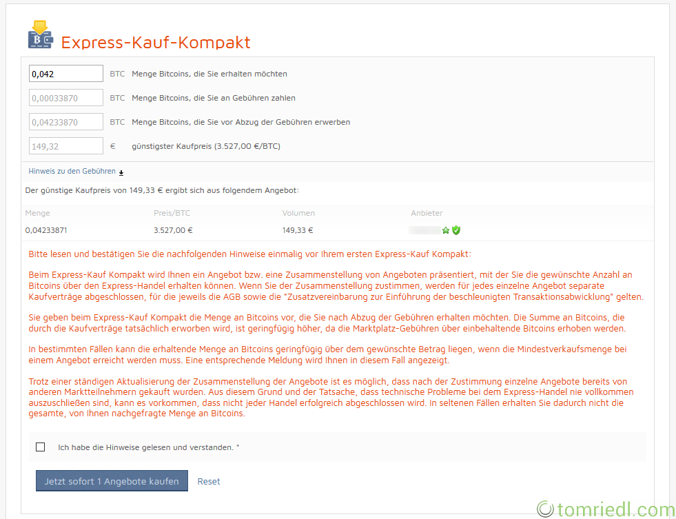 bitcoin.de Expresskauf bestätigen