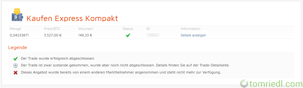 bitcoin.de Expresskauf abgeschlossen