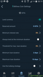 Coinlend-App Einstellungen Bitfinex